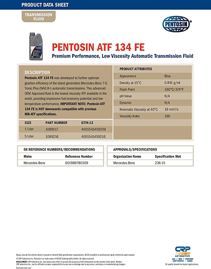 Pentosin ATF 134 FE Mercedes Benz Transmission Fluid – 1 Litre